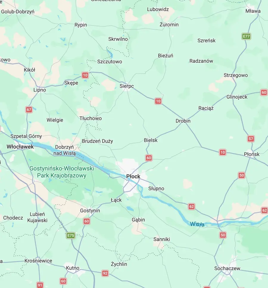 Mapa zasięgu działania pomocy drogowej MBT — Sierpc i 70 km wokół